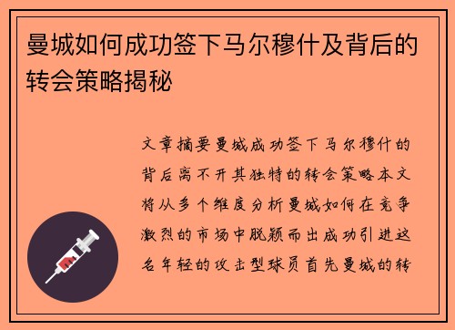 曼城如何成功签下马尔穆什及背后的转会策略揭秘