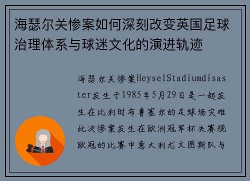海瑟尔关惨案如何深刻改变英国足球治理体系与球迷文化的演进轨迹